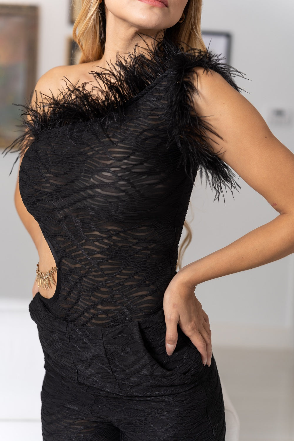 Danica Feather Bodysuit Black / The Bang Bang Shop