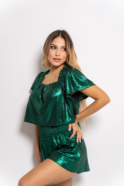 Metallic Smocked Set in Emerald / The Bang Bang Shop