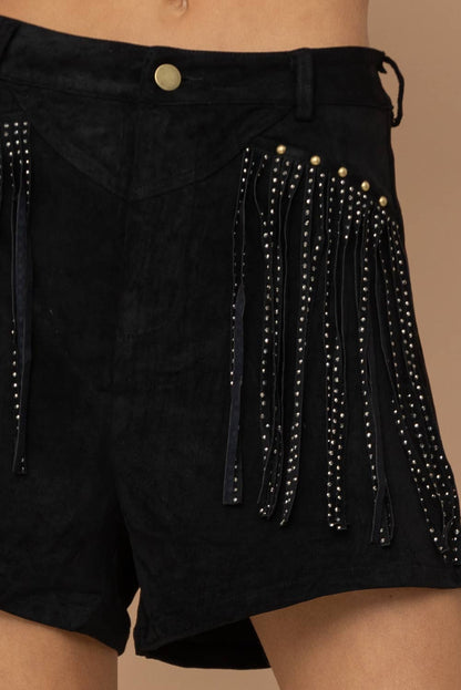 Suede Studded Fringe Black Shorts / The Bang Bang Shop