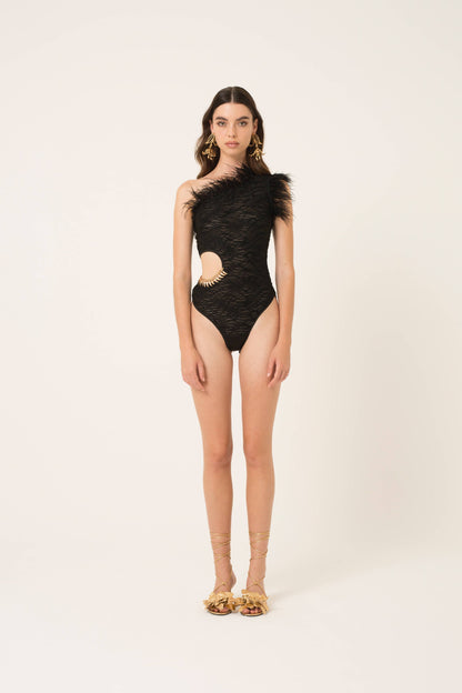 Danica Feather Bodysuit Black / The Bang Bang Shop