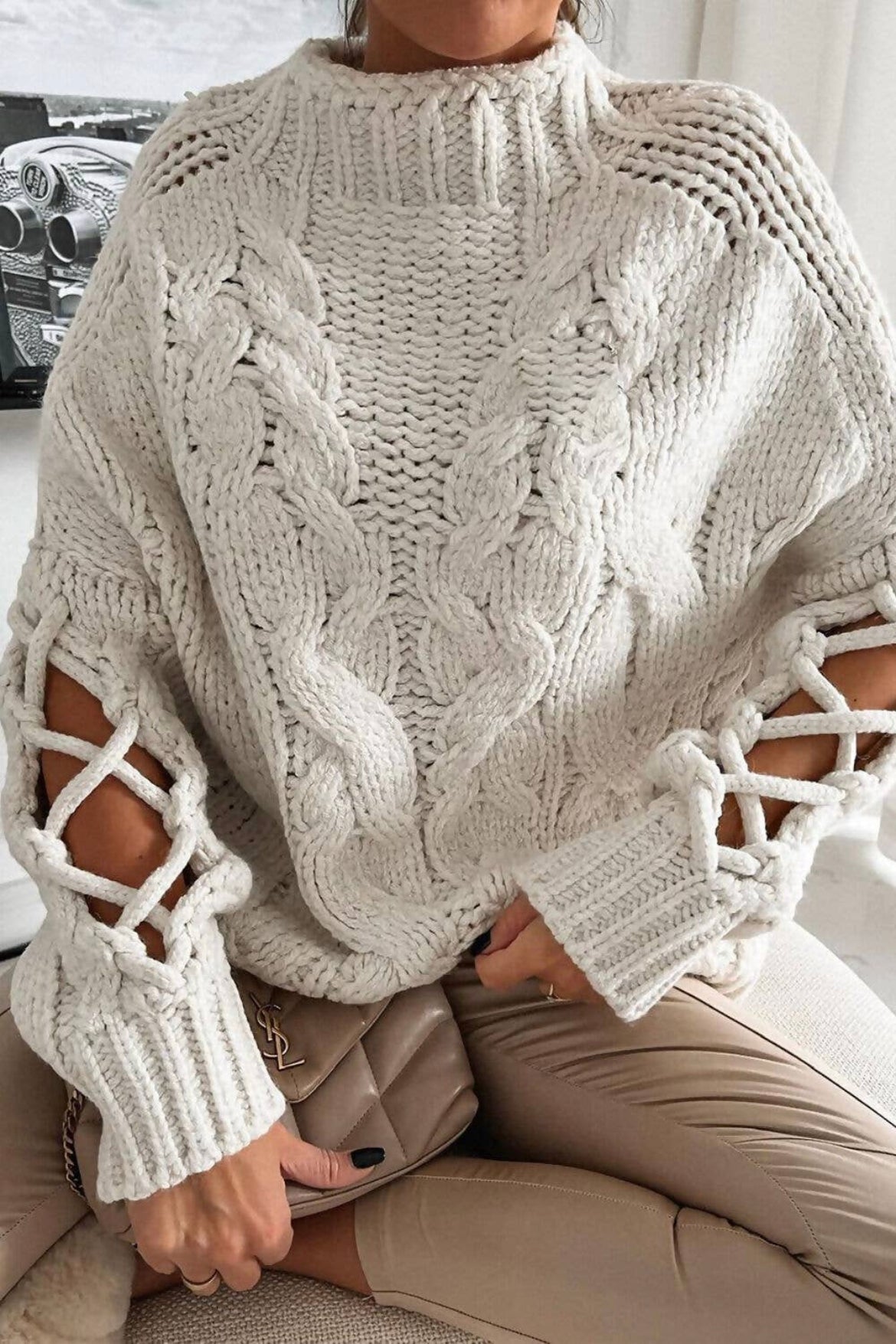 Braided Sleeve Knitted Sweater in Cream / The Bang Bang Shop