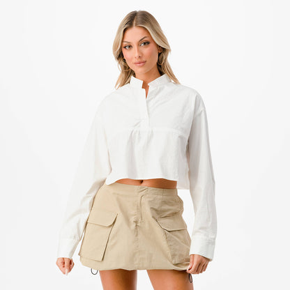 Mandarin Collar Long Sleeve Cropped Shirt